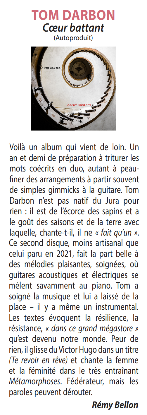 Chronique de l'album Cœur Battant de Tom Darbon dans le magazine FrancoFans