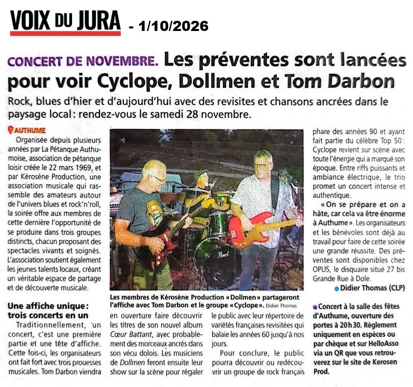 Article de La Voix du Jura du 1er octobre 2026 consacré au concert d'Authume