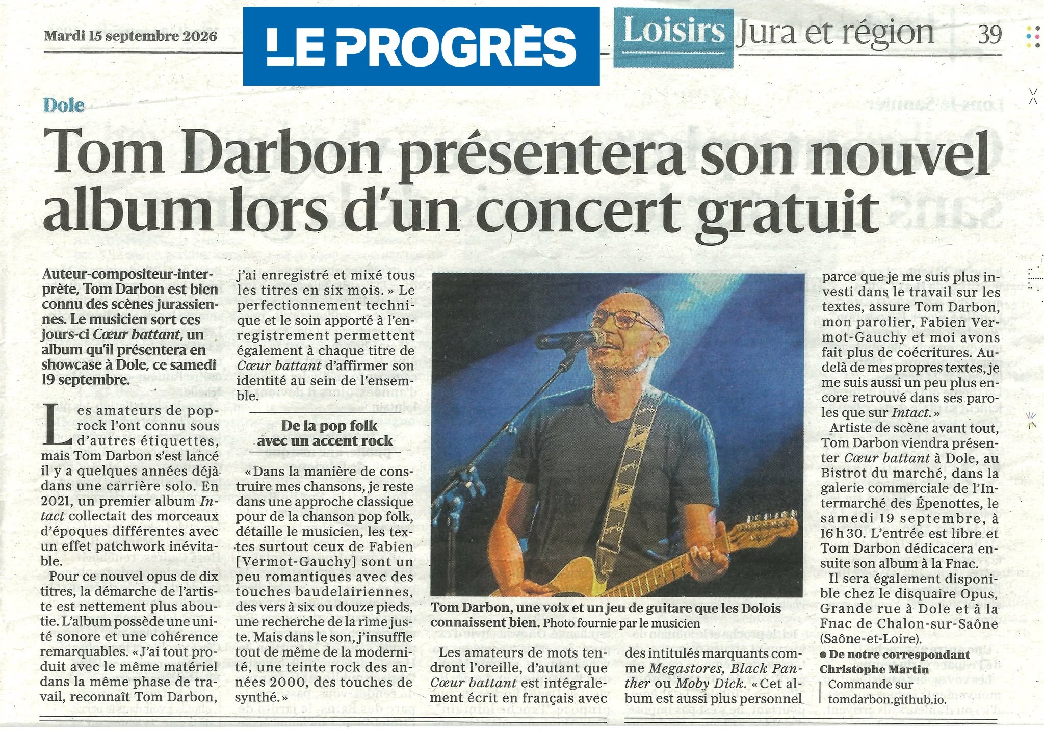 Article du Progrès du 15 septembre 2026 consacré à Tom Darbon et à l'album Cœur Battant