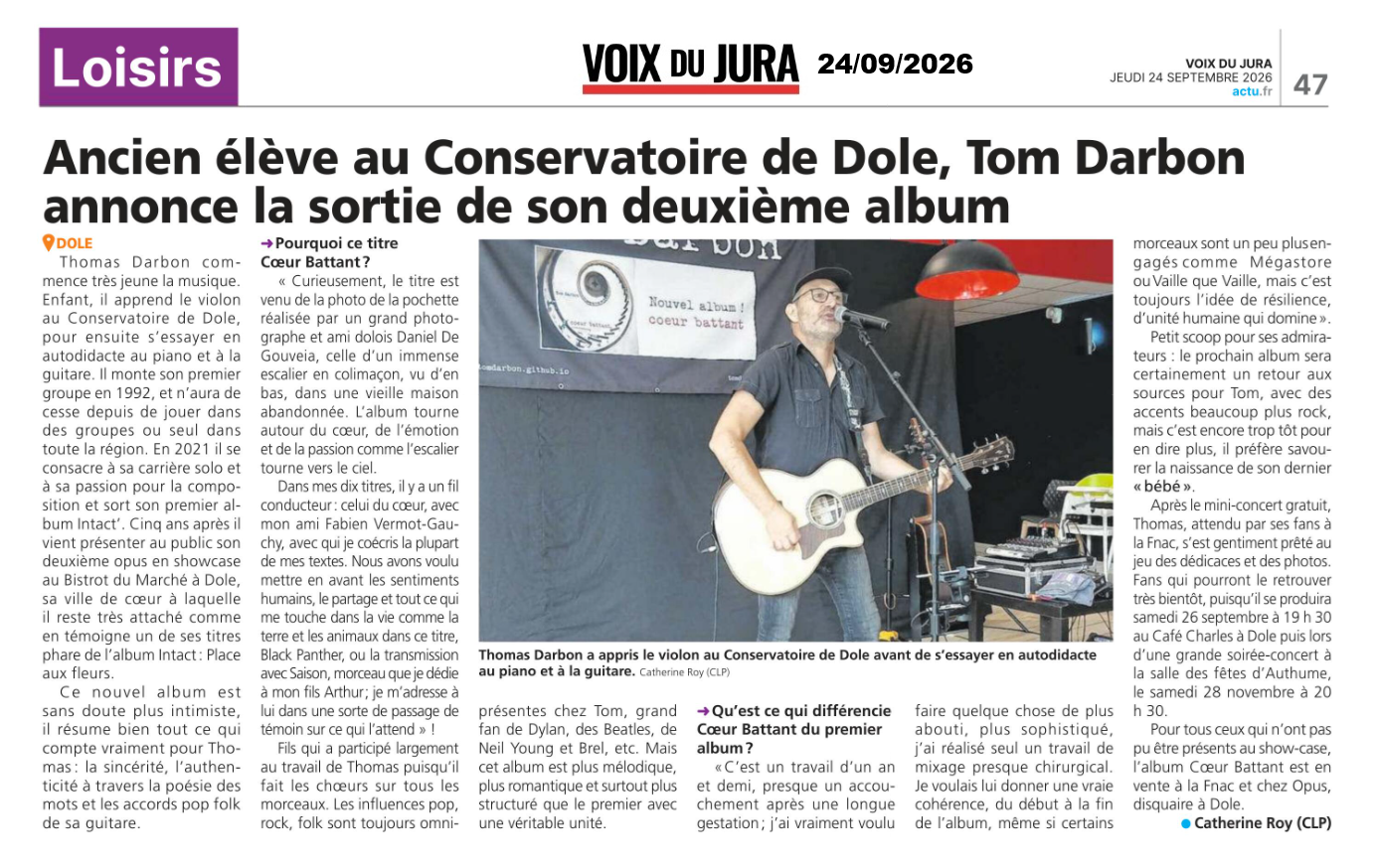 Article de La Voix du Jura du 24 septembre 2026 consacré à Tom Darbon et à l'album Cœur Battant